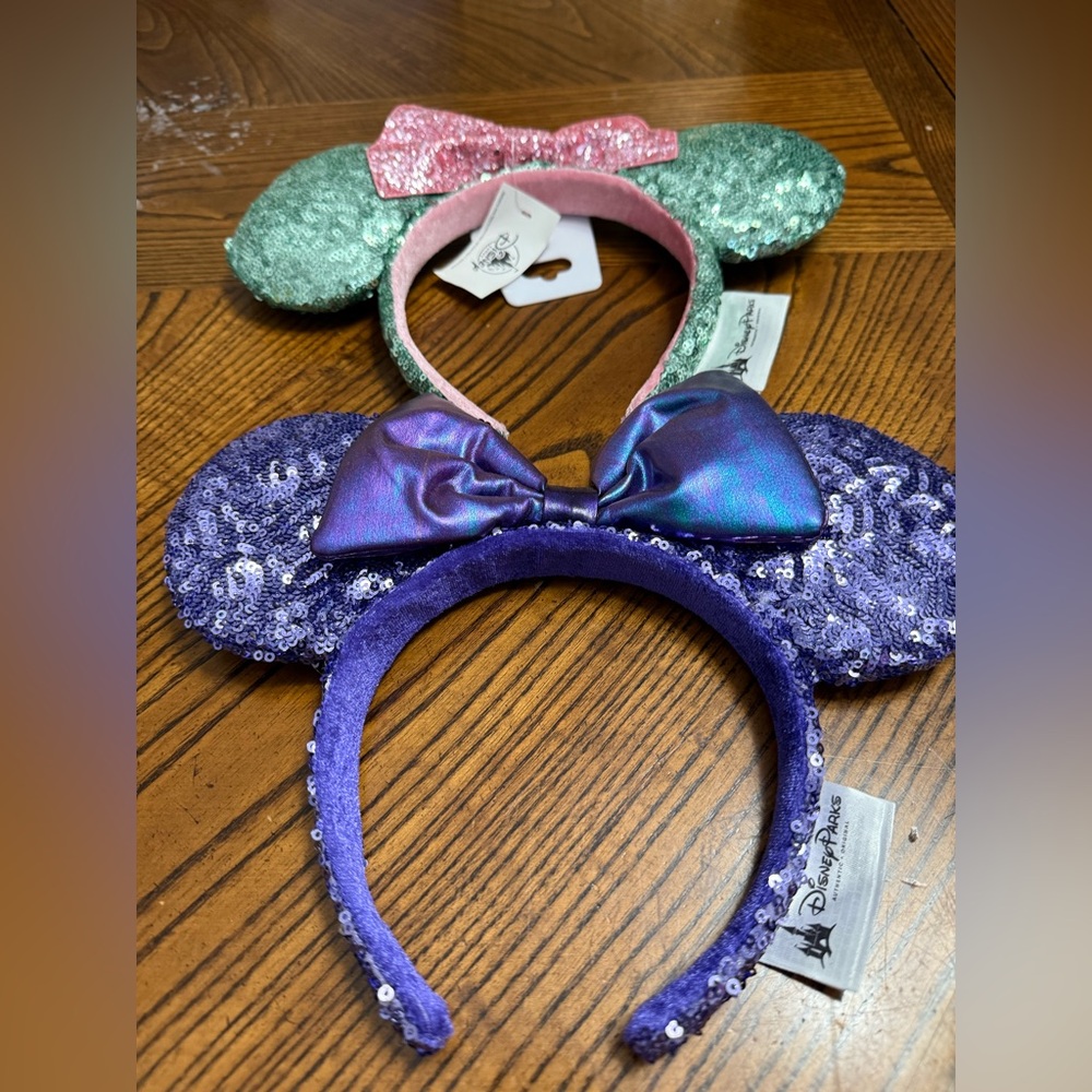 Disney Sequin Minnie Ears Headbands in Purple and Mint with Pink Bow
